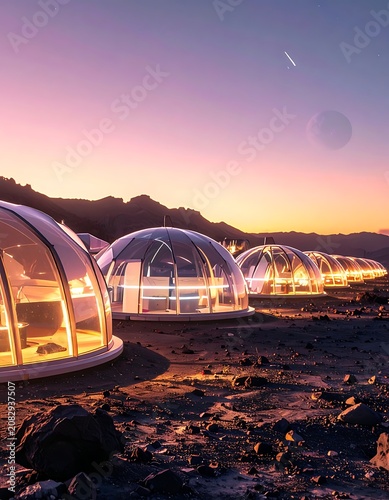 A futuristic row of illuminated transparent geodesic domes on a barren landscape at sunset