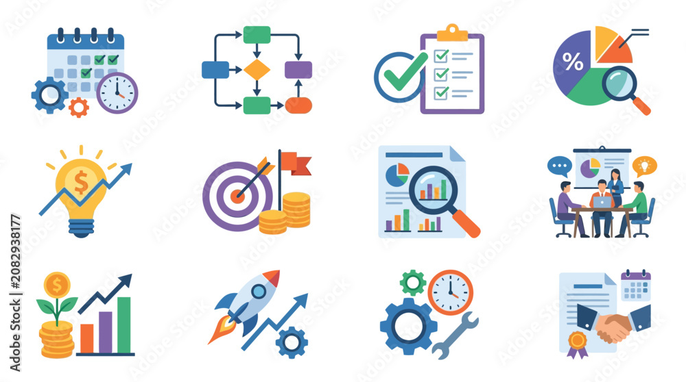Fototapeta premium Industrial Set Showcasing Business Strategy Planning Finance Growth and Team Collaboration with Colorful Icons