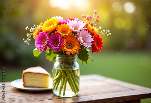 A freshly cut bouquet of garden flowers in a glass jar, on a wooden table with a slice of cake. Afternoon light.