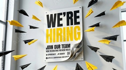 We're Hiring recruitment poster on office wall, yellow and black paper planes for job search concept, creative hiring campaign for new roles