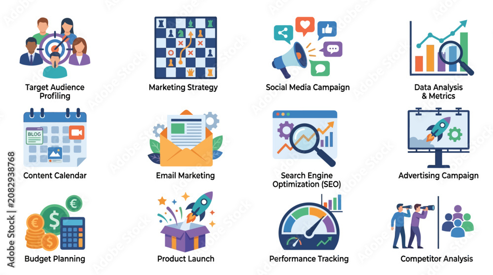 Fototapeta premium Creative Digital Marketing Strategy Infographic Featuring Colorful Icons for Audience Profiling Campaigns SEO and Analytics