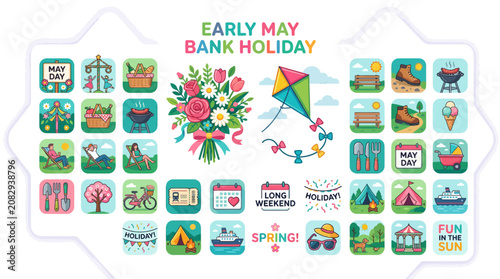 Early May Bank Holiday Icon Set: Spring, Fun, Outdoors, Celebration