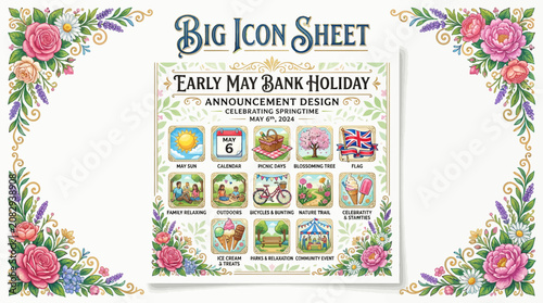 Early May Bank Holiday Icon Sheet with Floral Borders