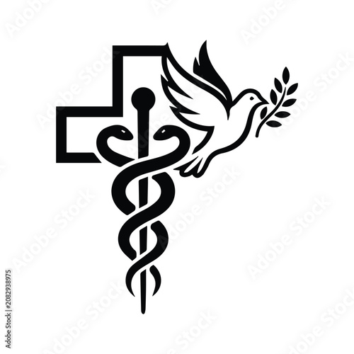 Foto Cross medical symbol with caduceus and dove holding olive branch