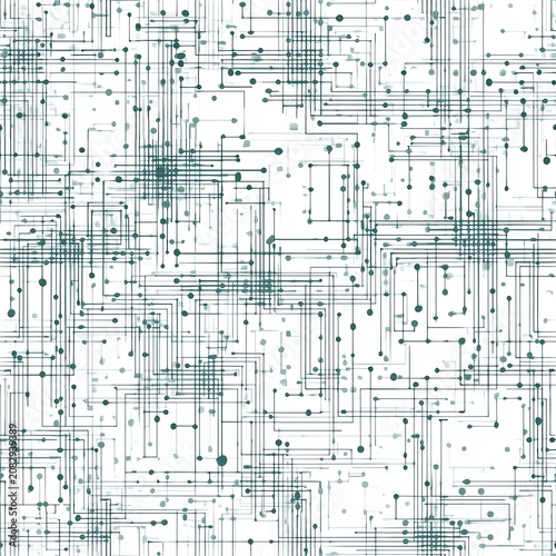 Digital circuit board seamless pattern creating technology background. Abstract network of lines and dots forming a complex technological grid on white