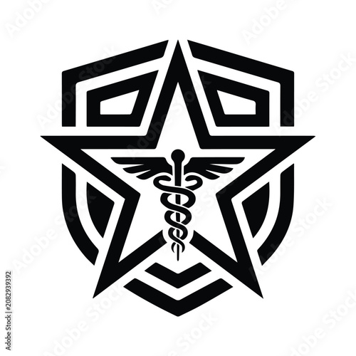 Fotografía Medical shield with caduceus and star design vector illustration isolated line art symbol