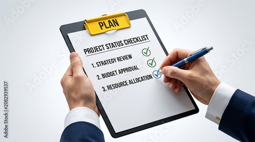 Project status checklist on clipboard, business strategy review and resource allocation plan, professional management task list with checkmarks