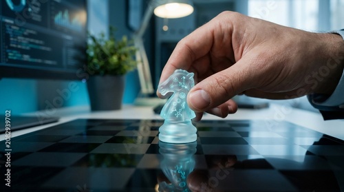Strategic business planning with glass chess knight, businessman hand moving chess piece on board, corporate strategy and decision making concept