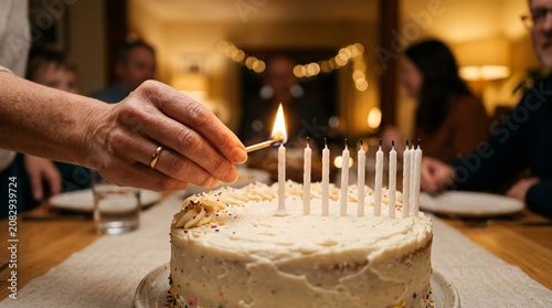 Birthday cake with white candles being lit by a match, festive family celebration at home, warm evening party atmosphere with friends