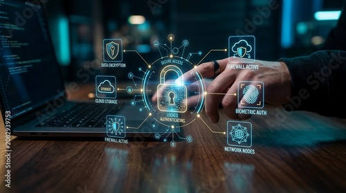 Cybersecurity data protection concept, digital padlock icon with biometric authentication interface, network security and privacy encryption on laptop