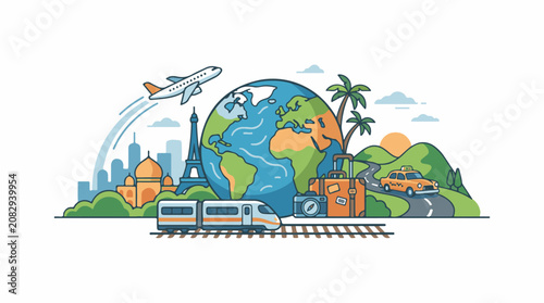 Colorful illustration of global travel with transportation and landmarks
