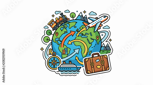 Colorful illustration of global travel with various modes of transport (1)