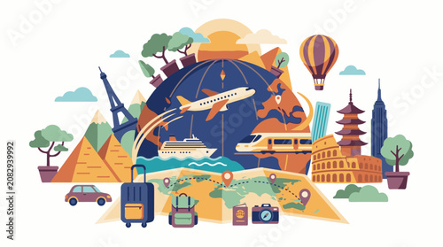 Colorful illustration of globe with travel-related icons and landmarks