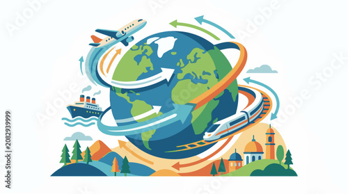 Colorful illustration of globe with transportation and landmarks
