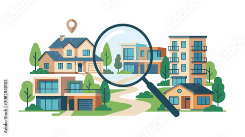 Colorful illustration of houses and buildings with a magnifying glass
