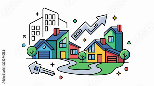 Colorful illustration of houses cityscape key and upward arrow graphic