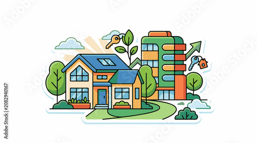 Colorful illustration of houses trees clouds and upward trending keys