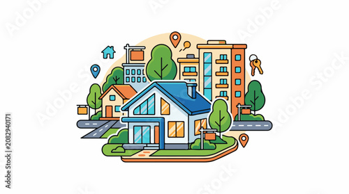 Colorful illustration of houses trees and buildings in a neighborhood