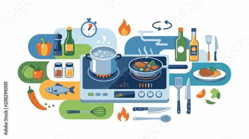Colorful illustration of kitchen essentials and cooking process