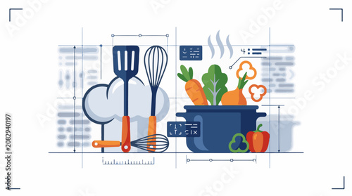 Colorful illustration of kitchen utensils and vegetables in a pot on a countertop with blueprint lines