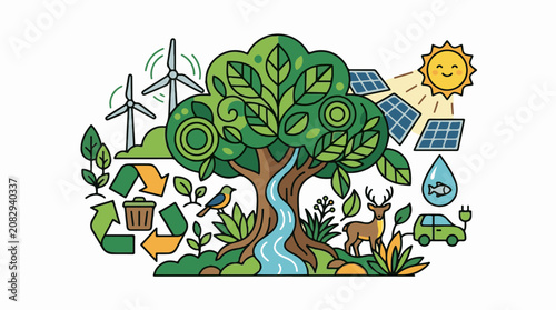 Colorful illustration of nature and renewable energy elements