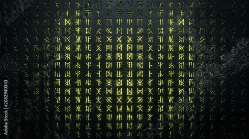 Ancient glowing runes on dark stone wall, mystical golden hieroglyphs background, mysterious occult symbols etched in black rock texture