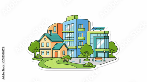 Colorful illustration of modern buildings and houses with greenery