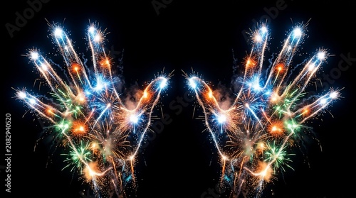Glowing sparkler hands silhouette on black background, magical light trail energy palms, festive fireworks hand art for celebration and magic