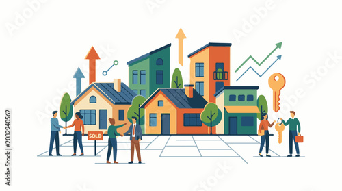 Colorful illustration of people and houses with growth charts