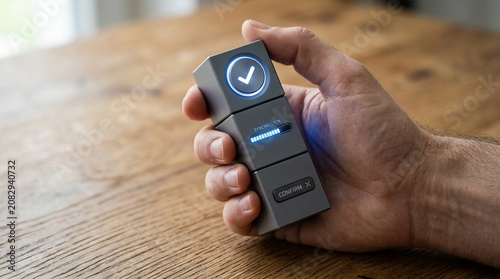 Futuristic smart home controller held in hand, sleek grey modular remote with glowing blue checkmark, minimalist digital interface device
