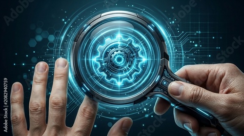 Futuristic magnifying glass inspecting digital gear system, glowing blue neon hud interface, industrial technology analysis and data security concept