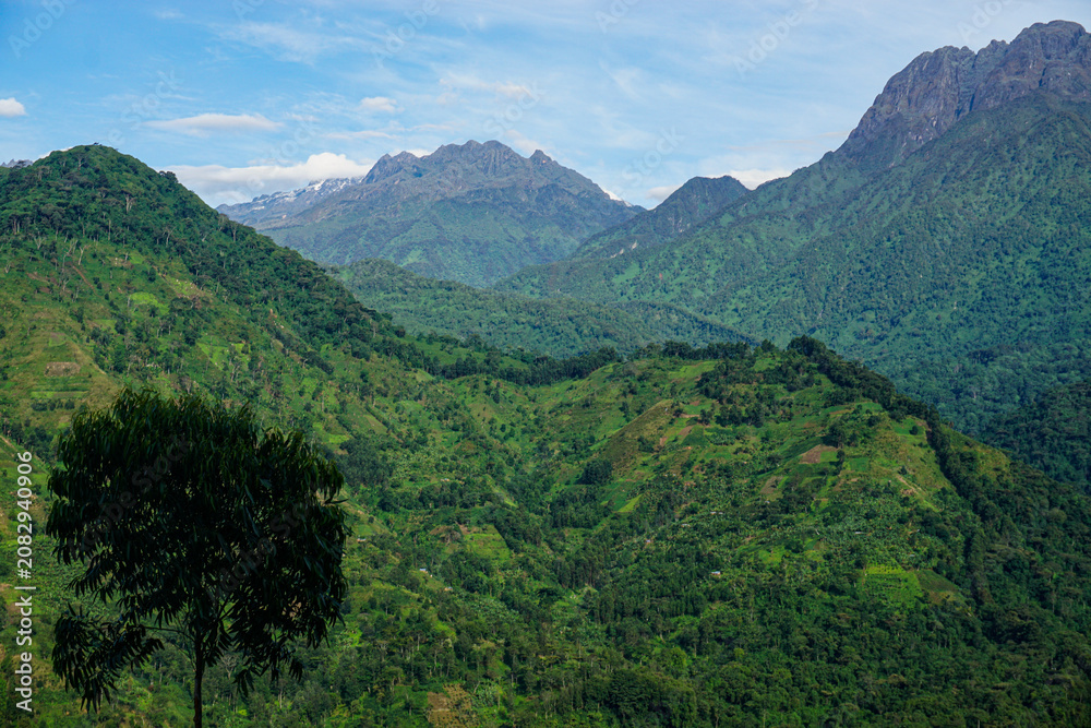 Fototapeta premium A sweeping view of a lush green mountain valley surrounded by layered peaks under a bright blue sky. Ideal for travel, nature, adventure, and landscape storytelling.