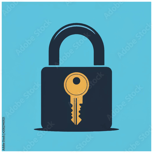 Fotografie Padlock with gold key inserted.