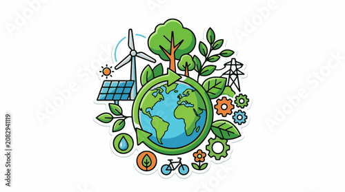 Colorful illustration of Earth with green recycling arrows surrounded by nature and eco-friendly tech