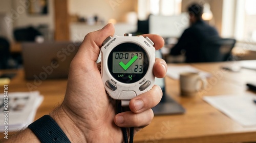 Digital stopwatch with green checkmark held in hand, productivity and time management concept, white chronometer for deadline tracking in office