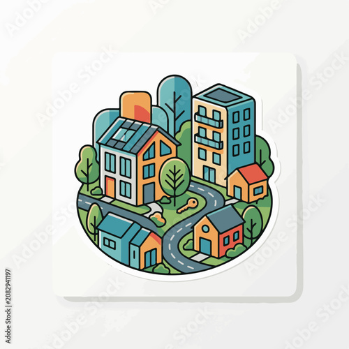 Colorful illustration of eco-friendly houses apartment building and trees