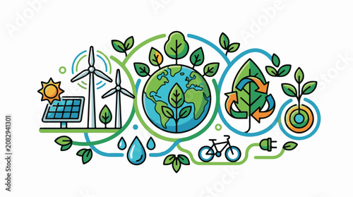 Colorful illustration of eco-friendly symbols including Earth leaves solar panel wind turbines