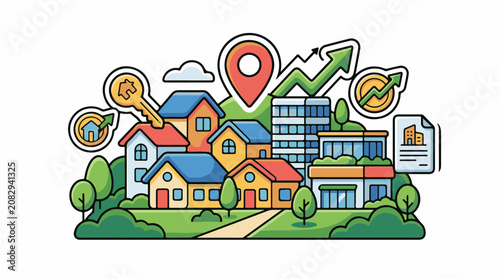 Colorful cartoon houses and buildings with real estate symbols and growth charts