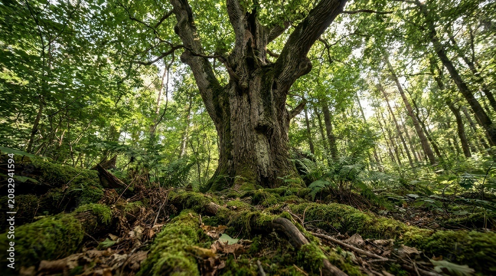 Fototapeta premium Ancient oak tree in a lush green forest