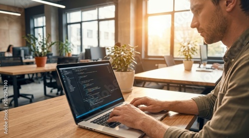 Software developer coding on laptop in modern office