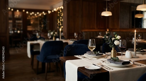 Elegant restaurant interior with dark wood paneling and cozy candlelit tables for a romantic dinner.