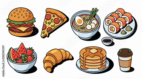 Colorful assortment of popular foods and drinks displayed