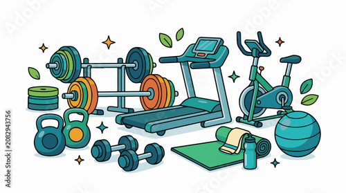 Colorful cartoon fitness equipment including a treadmill exercise bike and weights