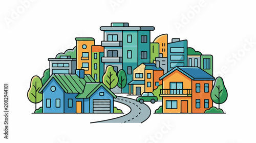 Colorful cartoon cityscape with houses apartment buildings and trees