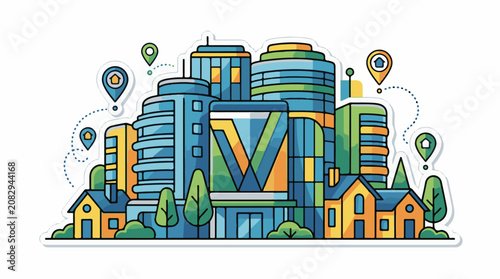 Colorful cartoon cityscape with houses and navigation markers