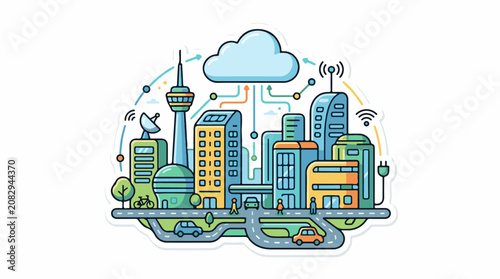 Colorful cartoon cityscape illustrating smart technology and connectivity