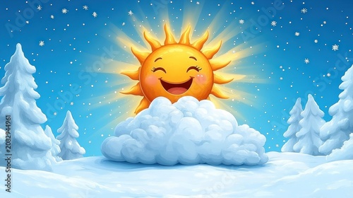 Joyful cartoon sun peeking over cloud in snowy winter landscape