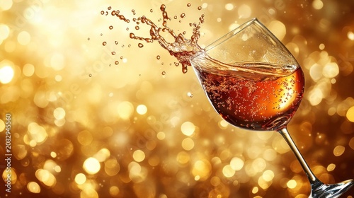 Amber liquid splashing from a wine glass against golden bokeh background