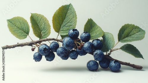 Fresh blueberries on a branch with green leaves and water droplets