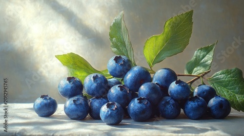Pile of ripe blueberries with green leaves and soft light